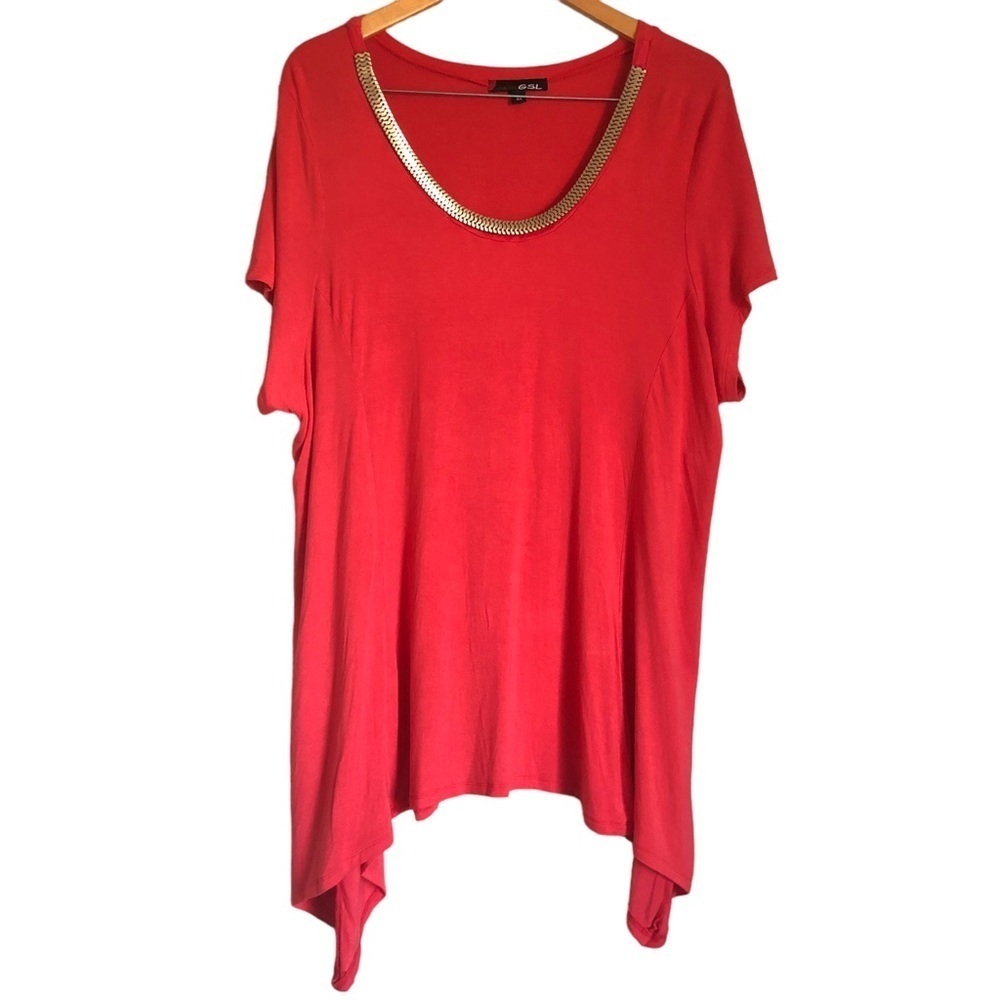 Collection GSL Gold Tone Embellished Neckline Short Sleeve Blouse Womens Size 3X